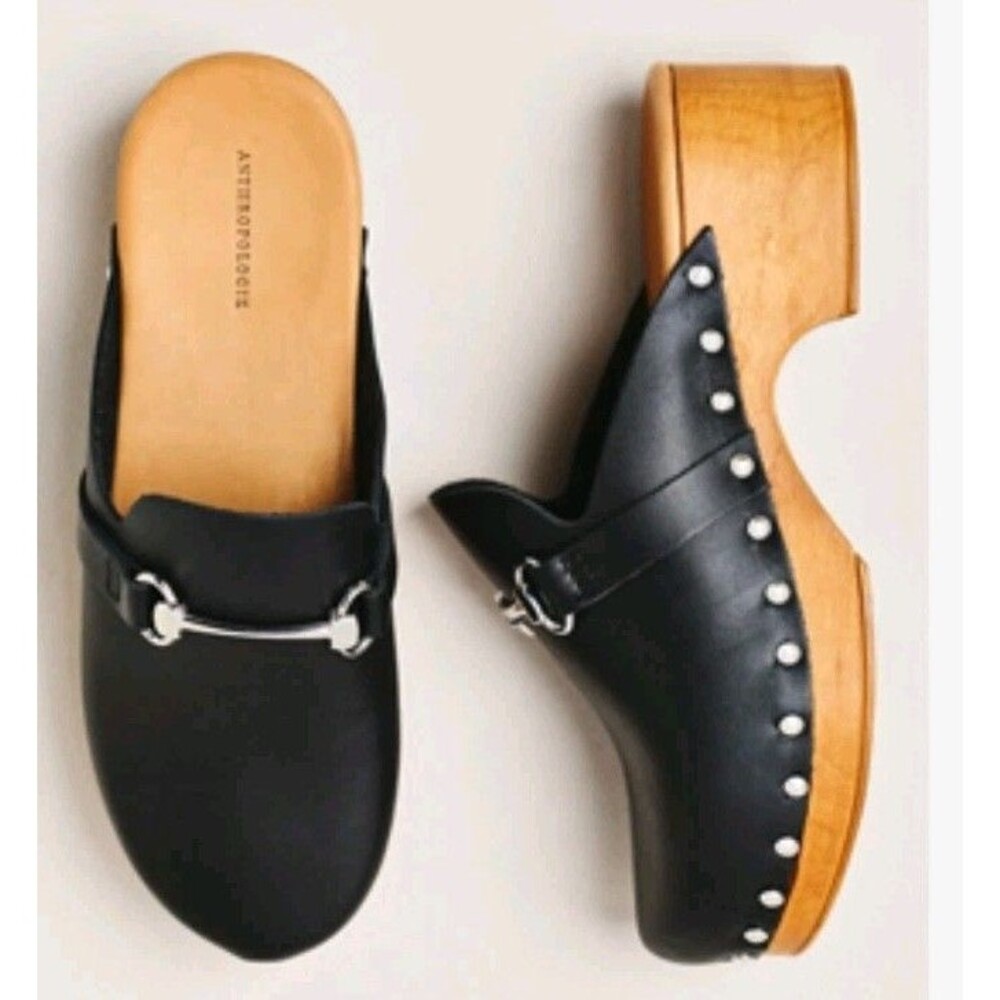 Anthropologie Made In Italy Size 8.5 Black Leather Chunky Clogs Horsebit Detail